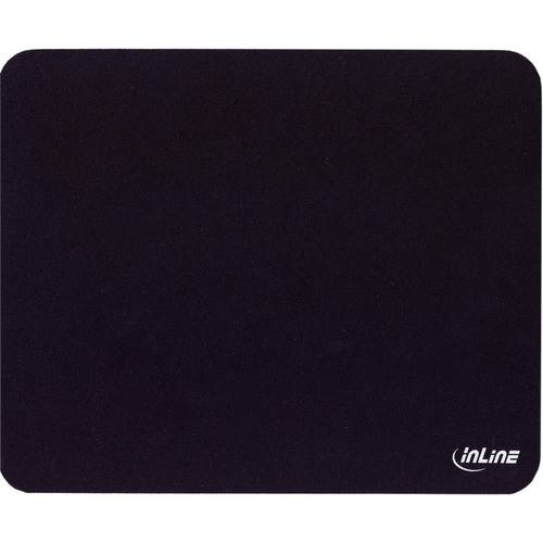 Ein schwarzes rechteckiges Mousepad mit abgerundeten Ecken und einem kleinen weißen 