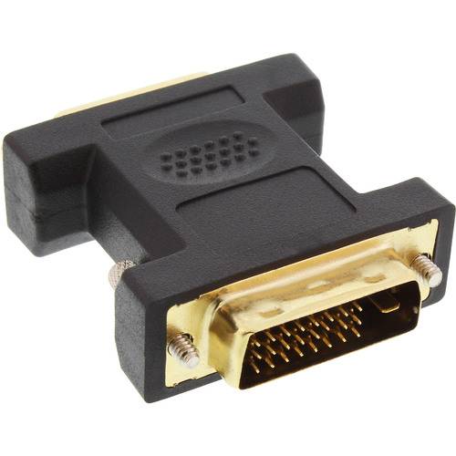 Ein schwarz-goldener Videoadapter mit einem DVI-Anschluss auf der einen Seite und VGA auf der anderen Seite, der die Verbindung zwischen verschiedenen Displaytypen ermöglicht.