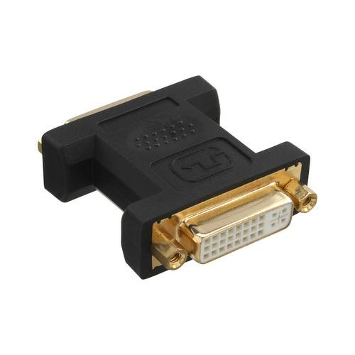 Ein schwarzer DVI-zu-HDMI-Adapter mit vergoldeten Anschlüssen, der verwendet wird, um DVI-Kabel mit HDMI-Anschlüssen zu verbinden, um Videosignale zu konvertieren.