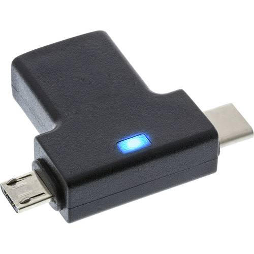 Ein schwarzer USB-Typ-A-zu-Micro-USB- und USB-C-Adapter mit einer blauen Anzeigelampe, der für die Datenübertragung zwischen Geräten verwendet wird.