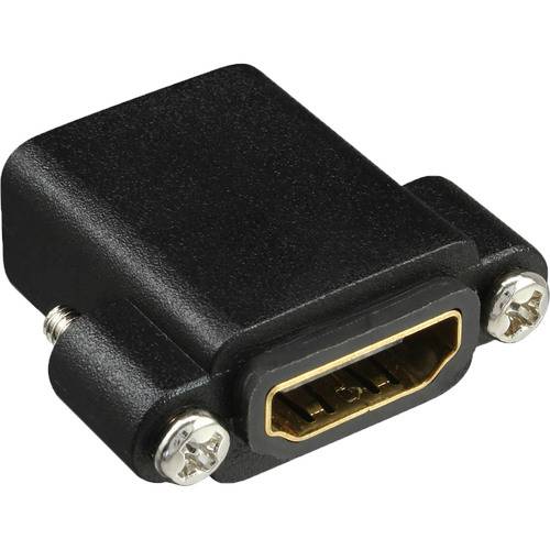 Ein schwarzer HDMI-Adapter mit Schraubverriegelungsmechanismus für sichere Verbindung mit Geräten, mit vergoldetem HDMI-Anschluss.