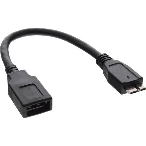 Ein schwarzes USB-OTG-Kabel mit einem Standard-USB-Typ-A-Buchsestecker auf der einen Seite und einem Micro-USB-Steckerstecker auf der anderen Seite.