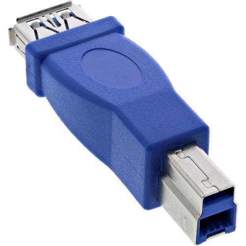 Blauer USB-Adapter mit USB Typ-A Buchse auf USB Typ-B Stecker, verwendet zum Verbinden von Geräten mit unterschiedlichen USB-Anschlüssen.