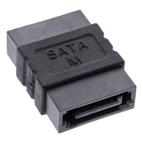 Nahaufnahme eines schwarzen SATA-M-Adapters, der zum Anschluss von SATA-Kabeln an Geräte verwendet wird, mit rechteckiger Form und deutlicher Beschriftung oben.