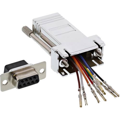 Ein DB9-Stecker mit mehrfarbigen Kabeln, die daran angebracht sind, neben einem passenden Anschluss.