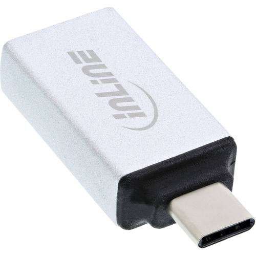 Ein silberner USB-Typ-C-Adapter mit rechteckiger Form verfügt über den Markennamen 'inline', der in Grau auf der Oberseite gedruckt ist.