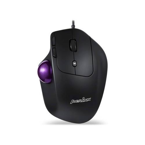 Eine ergonomische schwarze Computermaus mit einer violetten Trackball an der Seite, die zwei Tasten und ein Scrollrad oben hat.