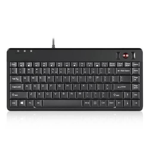 Eine kompakte schwarze kabelgebundene Tastatur mit einem integrierten Trackball in der oberen rechten Ecke. Die Tastatur verfügt über Standard-Tasten.