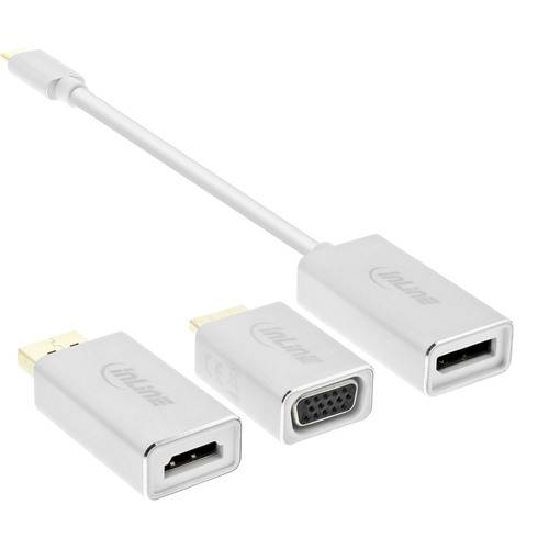 Weiße HDMI-zu-VGA- und HDMI-zu-DisplayPort-Adapter auf weißem Hintergrund.