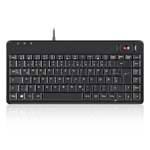 Eine kompakte schwarze USB-Tastatur mit deutschem QWERTZ-Layout, mit einer Trackball in der oberen rechten Ecke.