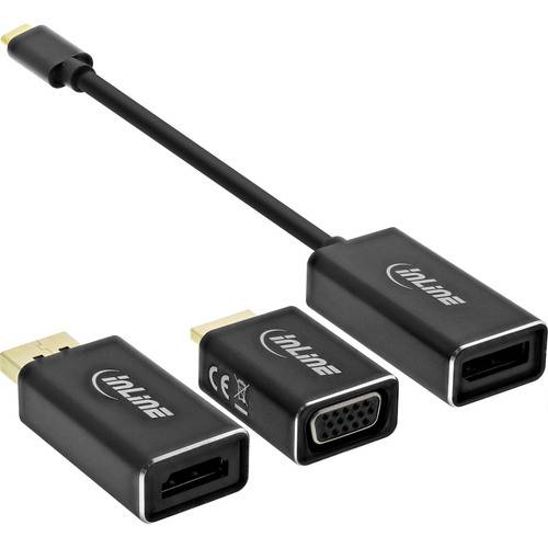 Drei schwarze Inline-Adapter: USB-C zu HDMI, USB-C zu VGA und USB-C zu DisplayPort, entwickelt für Videoausgänge von Laptops oder Tablets.