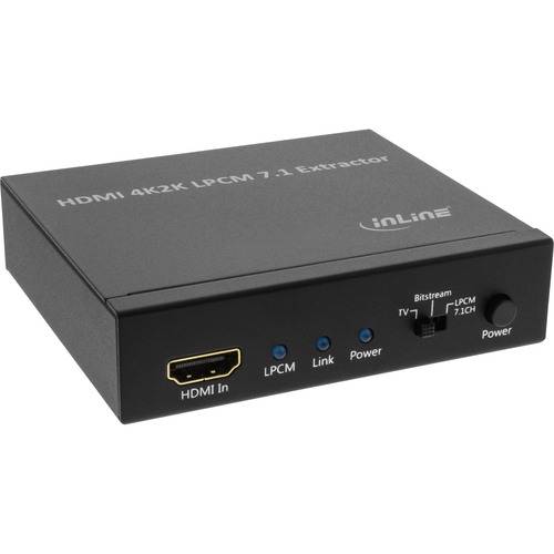 Schwarzer HDMI 4K2K LPCM 7.1 Extraktor mit Anschlüssen für HDMI-Eingang und Audio-Ausgangsoptionen.