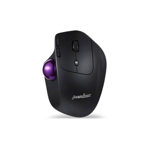 Ergonomische schwarze Computermaus mit einem violetten Trackball an der Seite und zwei Tasten, entworfen für die Nutzung mit der rechten Hand.