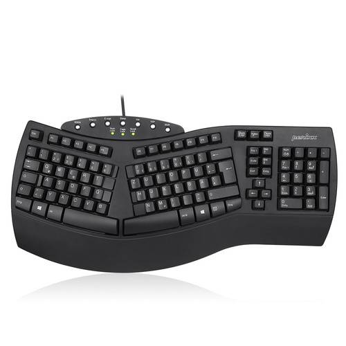 Ergonomische schwarze Tastatur mit gebogenem Design, geteiltem Tastaturlayout und kabelgebundener USB-Verbindung, entworfen um den Tippkomfort zu verbessern.