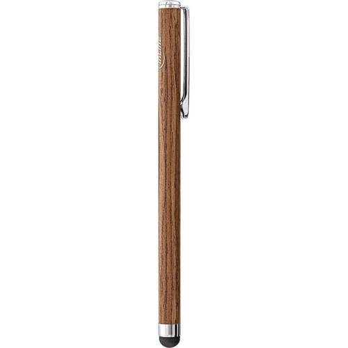 Ein brauner Stylus mit Holzmaserungsfinish und silbernem Clip, entworfen zur Verwendung mit Touchscreen-Geräten.