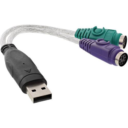 Ein USB-zu-PS/2-Adapter mit einem Ende als USB-Stecker und dem anderen Ende aufgeteilt in zwei PS/2-Anschlüsse, gefärbt in Lila und Grün.