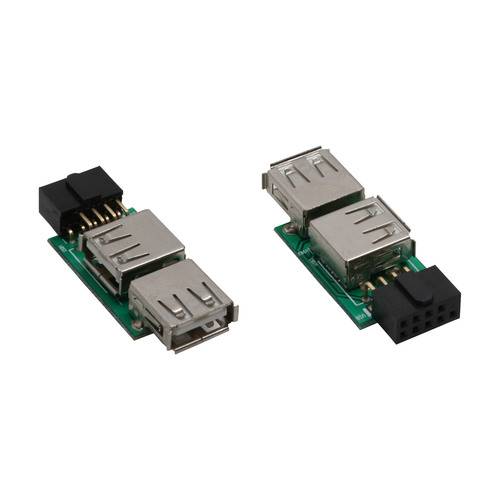 Zwei USB-Adapterkarten mit dualen USB-Anschlüssen und Stiftverbindern, positioniert vor einem weißen Hintergrund, die Konnektivitätsoptionen zeigen.