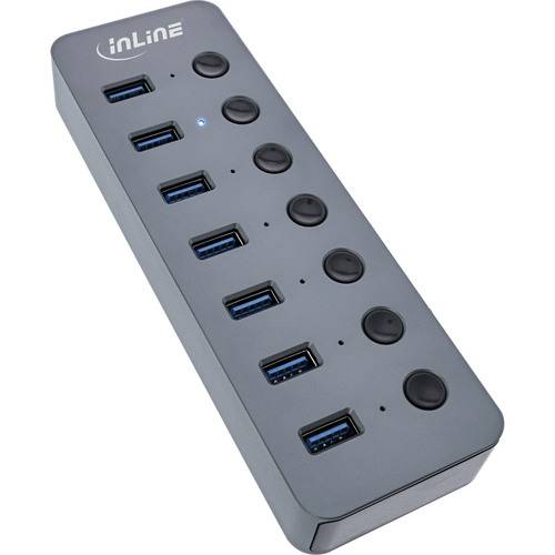 InLine® USB 3.2 Gen.1, 7-Port, mit Schalter, Aluminium, grau, mit Netzteil Eingabe / Ausgabe und