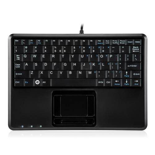 Eine kompakte schwarze Tastatur mit integriertem Touchpad, mit zwei Reihen von Funktionstasten und blau gedruckten Sekundärfunktionen.