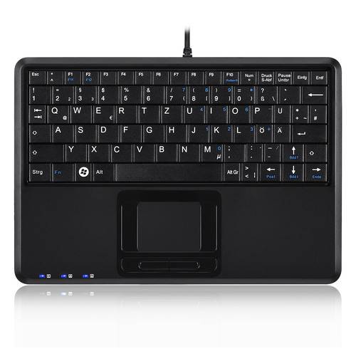 Eine kompakte schwarze Tastatur mit blauen Akzenttasten verfügt über ein eingebautes Touchpad unterhalb der Leertaste.
