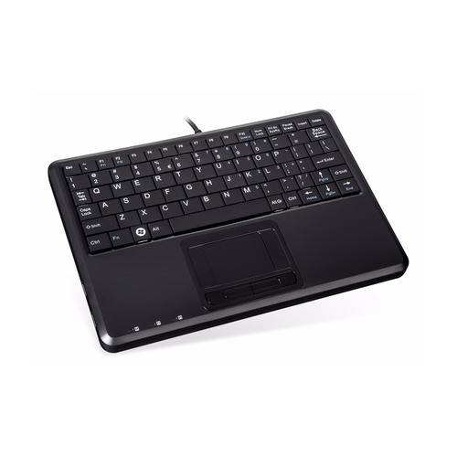 Eine schwarze kompakte Tastatur mit integriertem Touchpad, konzipiert für effizientes Tippen und Navigieren auf verbundenen Geräten.