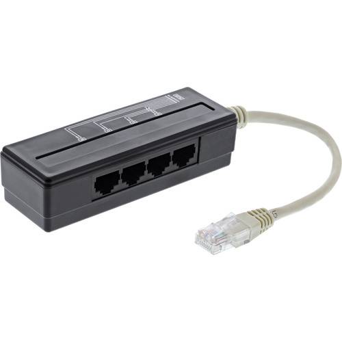 Ein schwarzer Ethernet-Splitter mit vier RJ45-Anschlüssen und einem angeschlossenen Kabel, der zum Vernetzen mehrerer Geräte verwendet wird.