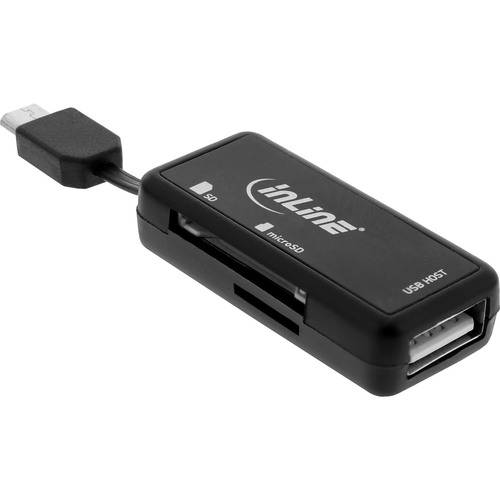 Ein schwarzer USB-Kartenleser mit Steckplätzen für SD- und microSD-Karten und einem USB-Anschluss wird gezeigt. 