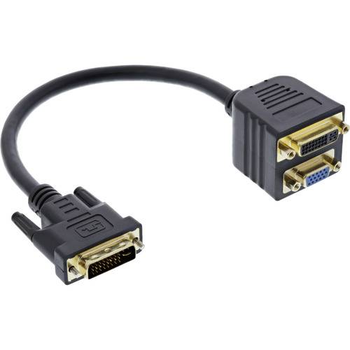 DVI-zu-VGA-Splitterkabel mit einem DVI-Anschluss auf der einen Seite und zwei VGA-Anschlüssen auf der anderen Seite. Schwarzes Kabel mit vergoldeten Anschlüssen.