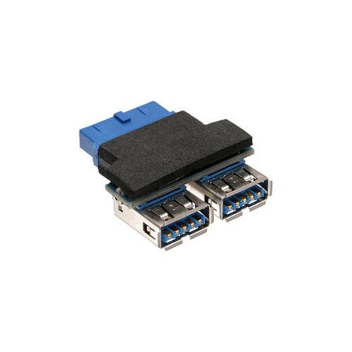 Ein dualer USB-Anschluss mit blauem Kunststoff- und Metallaufbau, mit zwei USB-3.0-Anschlüssen nebeneinander und einem blauen Stecker auf der Rückseite.