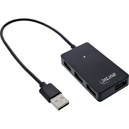 Ein schwarzer USB-Hub mit vier Anschlüssen und einem Verbindungskabel. Eine kleine Leuchtanzeige ist auf der Oberfläche des Hubs sichtbar.