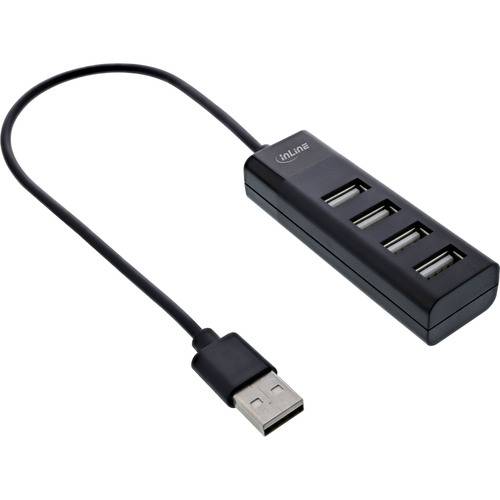 Ein schwarzer USB-Hub mit fünf Anschlüssen und einem angebrachten USB-Kabel, entwickelt zur Erweiterung der USB-Konnektivität.