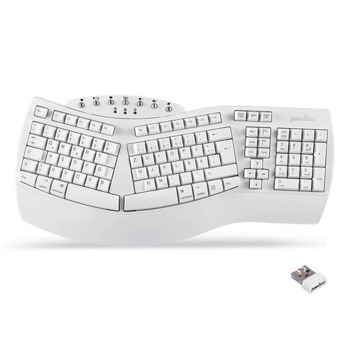 Eine weiße ergonomische geteilte Tastatur mit gebogenem Design und zusätzlichen Tasten oben zur Medienkontrolle. Ein kleiner USB-Empfänger ist im Lieferumfang enthalten.