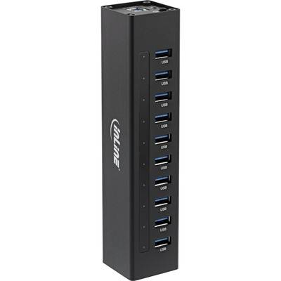 InLine® USB 3.0 Hub, 10 Port, Aluminiumgehäuse, schwarz, mit 4A Netzteil Eingabe / Ausgabe und