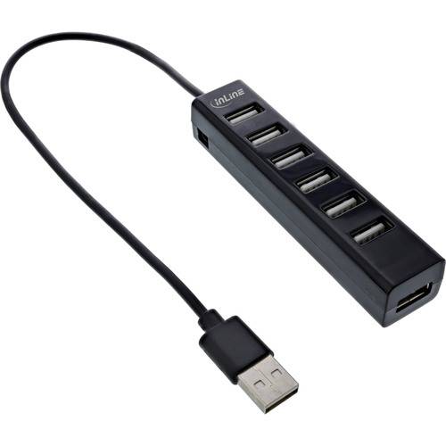 Ein schwarzer USB-Hub mit sieben Anschlüssen und einem Verbindungskabel, das zum Erweitern der Anzahl der auf einem Gerät verfügbaren USB-Anschlüsse entwickelt wurde.