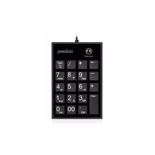 Externe numerische Tastatur mit schwarzen Tasten, die mit Zahlen, Symbolen und Funktionen wie „Num Lock