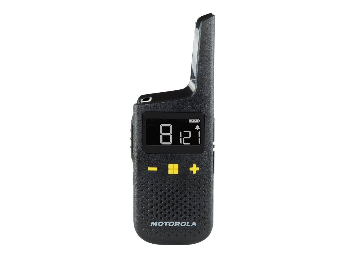 Schwarzes Motorola-Handsprechfunkgerät mit Antenne, kleinem digitalen Display und gelben Bedientasten auf weißem Hintergrund.