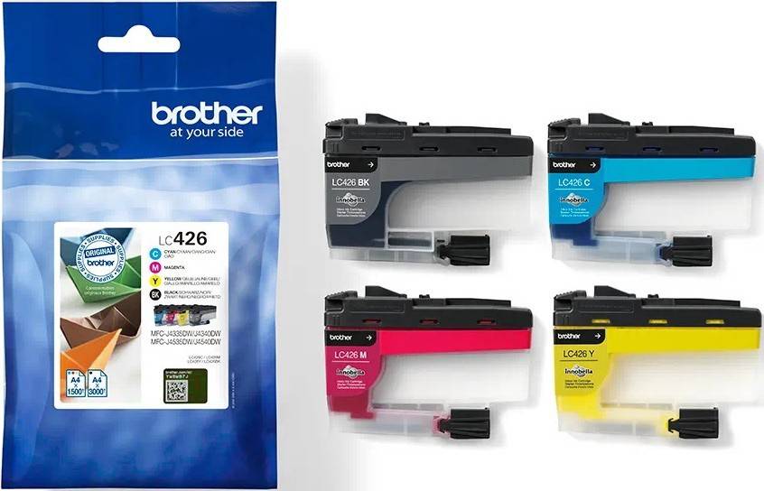 Brother LC426 Tintenpatronen in Schwarz, Cyan, Magenta und Gelb, gegen einen weißen Hintergrund organisiert mit Produktdetails auf der linken Seite.