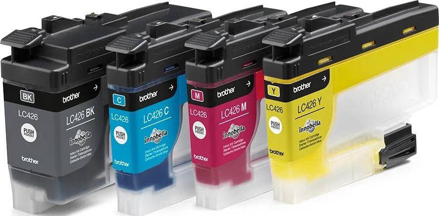 Brother LC426 Tintenpatronen in Cyan, Magenta, Gelb und Schwarz, nebeneinander angeordnet.