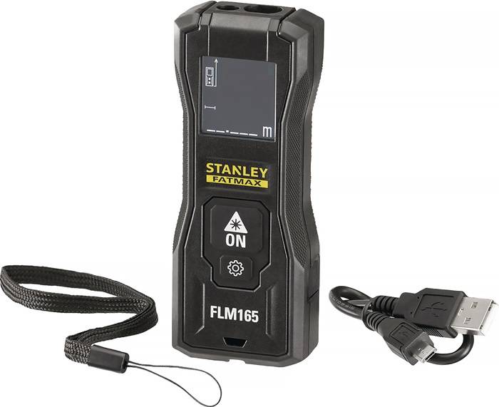 Stanley Fatmax Laser-Entfernungsmesser FLM165 mit schwarzem Gehäuse, LCD-Bildschirm, Bedienungstasten und Handschlaufe für präzise Messungen.