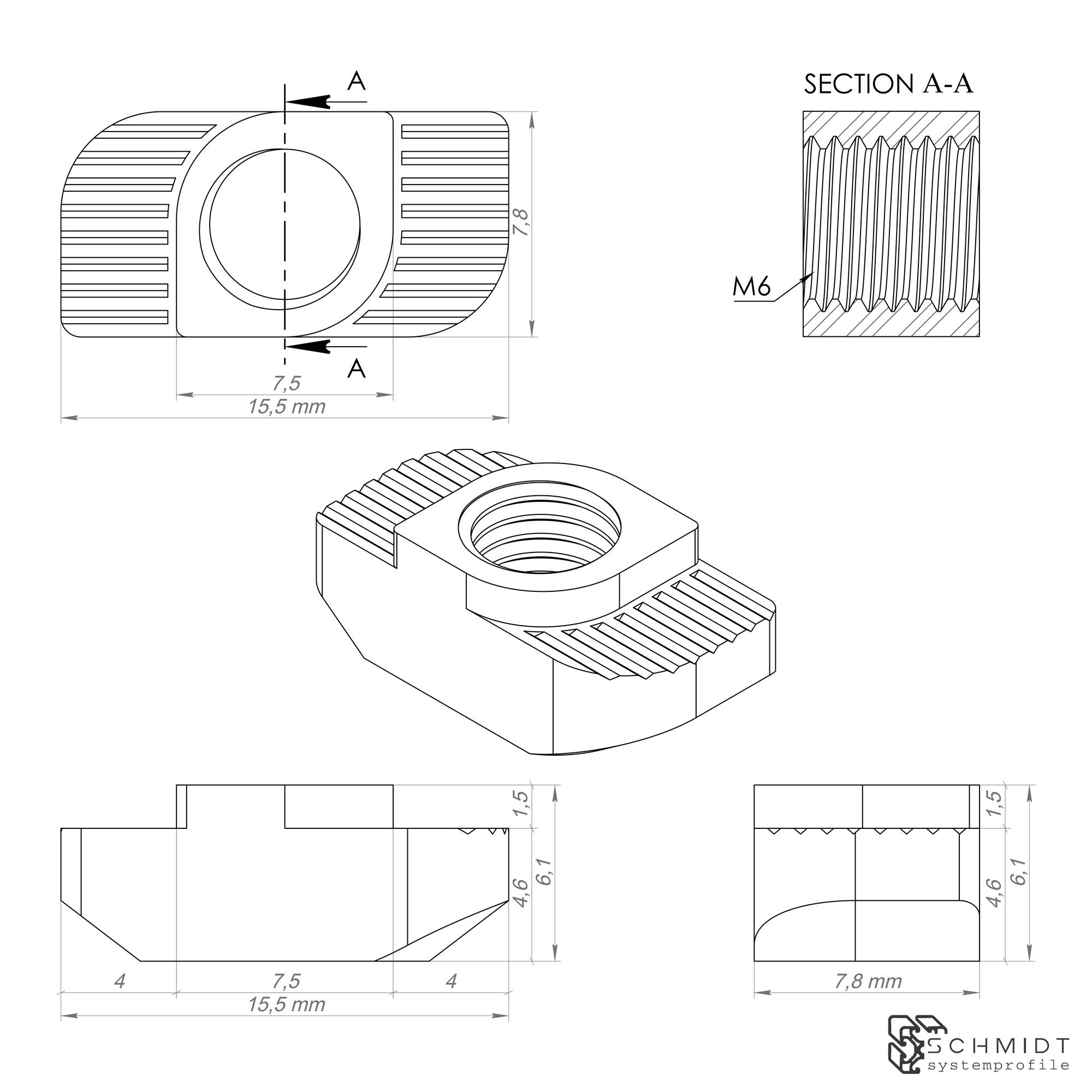 SCHMIDT systemprofile 100x Hammermutter Nut 8 M6 Hammerkopfmutter T-Nut-Mutter mit Steg Aluprofil-Zubehör
