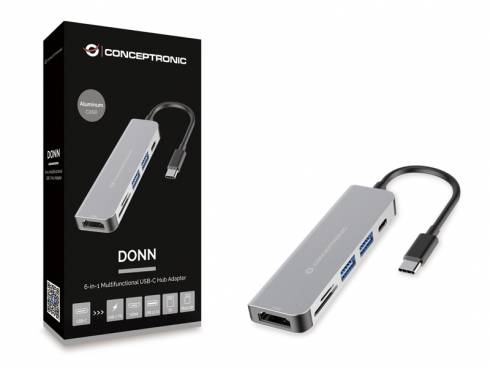 Concepttronic DONN 6-in-1 USB-C-Hub neben seiner Einzelhandelsbox dargestellt, mit HDMI, USB-Anschlüssen, Ethernet und USB-C-Kabel.