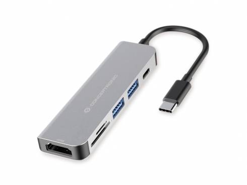 USB-C-Hub-Adapter mit HDMI, zwei USB-A-Anschlüssen, microSD- und SD-Kartensteckplätzen sowie angeschlossenem USB-C-Kabel.
