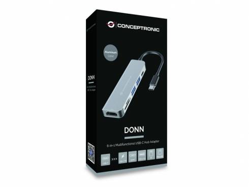 Verpackung für einen Conceptronic DONN 6-in-1 multifunktionalen USB-C-Hub mit einem Aluminium-Adapter mit mehreren Anschlüssen.