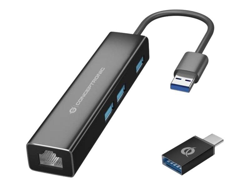 Conceptronic DONN07BA - Hub - 3 x SuperSpeed USB 3.0 + 1 x 10/100/1000