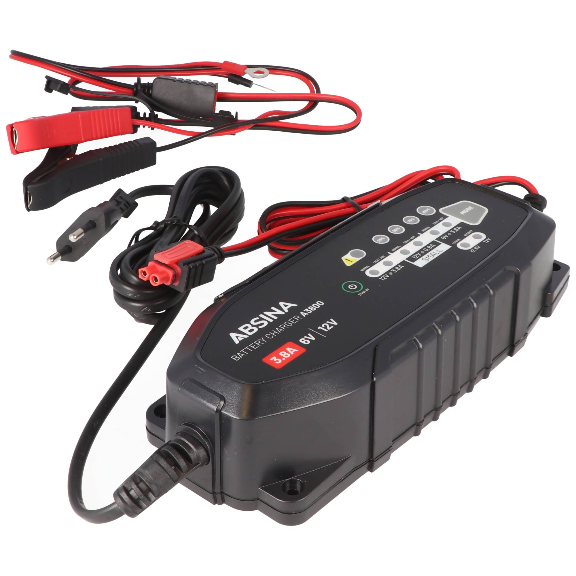 Tischladegerät für Blei-Akkus und LiFePO4-Akkus, A3800 8-Stufen Ladegerät, 6V-12,8V, 3,8 A mit Krokodilklemmen