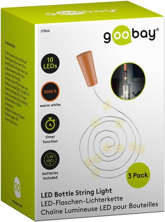 Goobay 3 x 10er LED-Flaschen-Lichterkette, inkl. Timer - Stimmungsvolle Leuchtdekoration für Glasflaschen