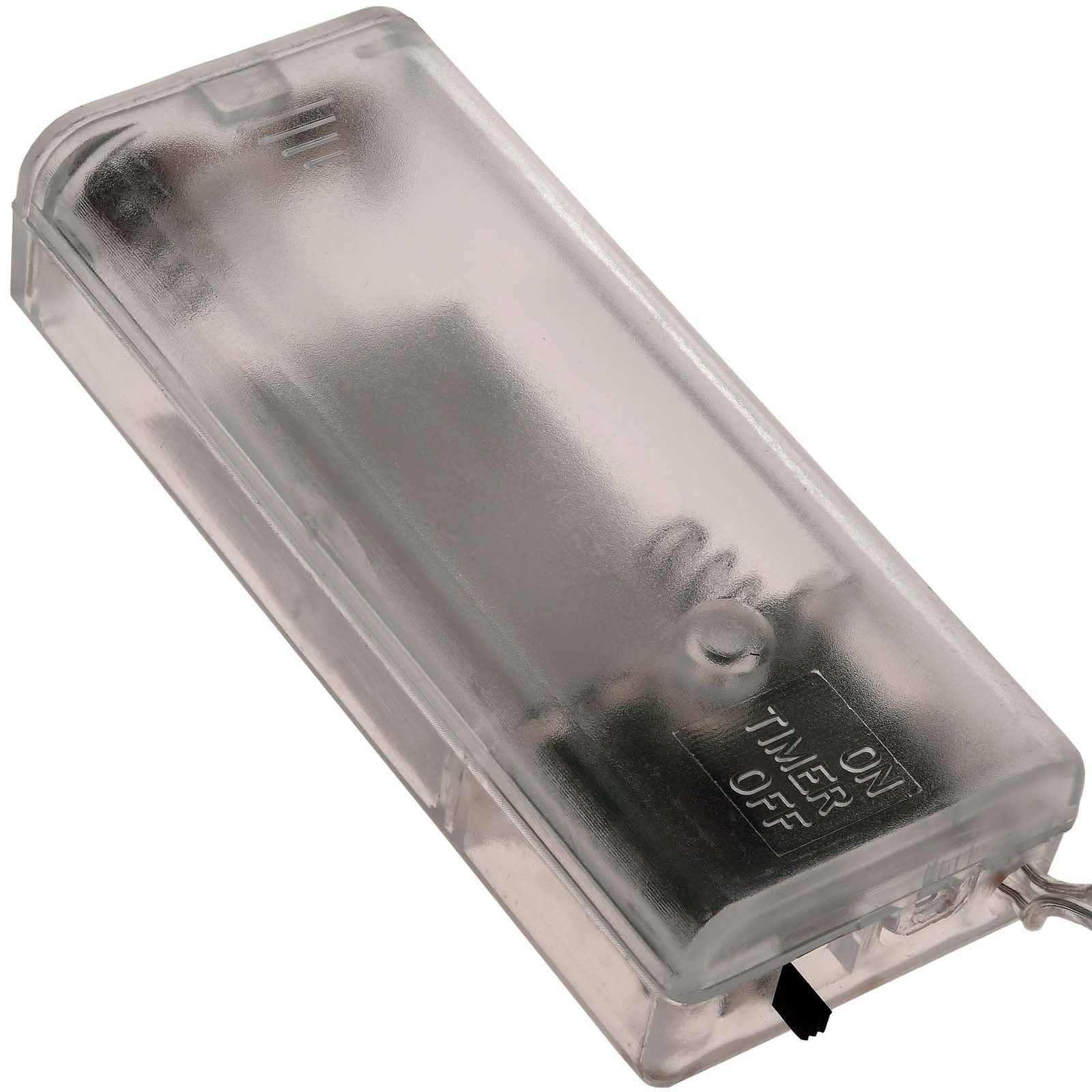 Durchscheinender rechteckiger Batteriehalter mit AN/AUS-Schalter, auf weißem Hintergrund dargestellt.