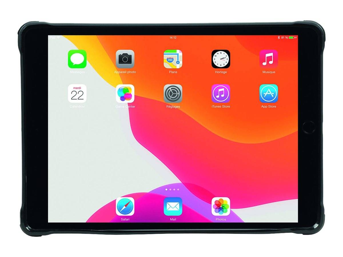 Ein iPad im Querformat zeigt den Startbildschirm mit häufig verwendeten App-Symbolen auf einem farbenfrohen abstrakten Hintergrund.