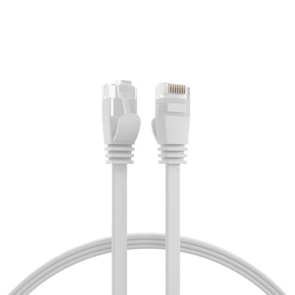 Zwei weiße Ethernet-Kabelstecker, die aufrecht stehen, mit einer geschwungenen Kabelschleife dahinter auf einem einfachen weißen Hintergrund.