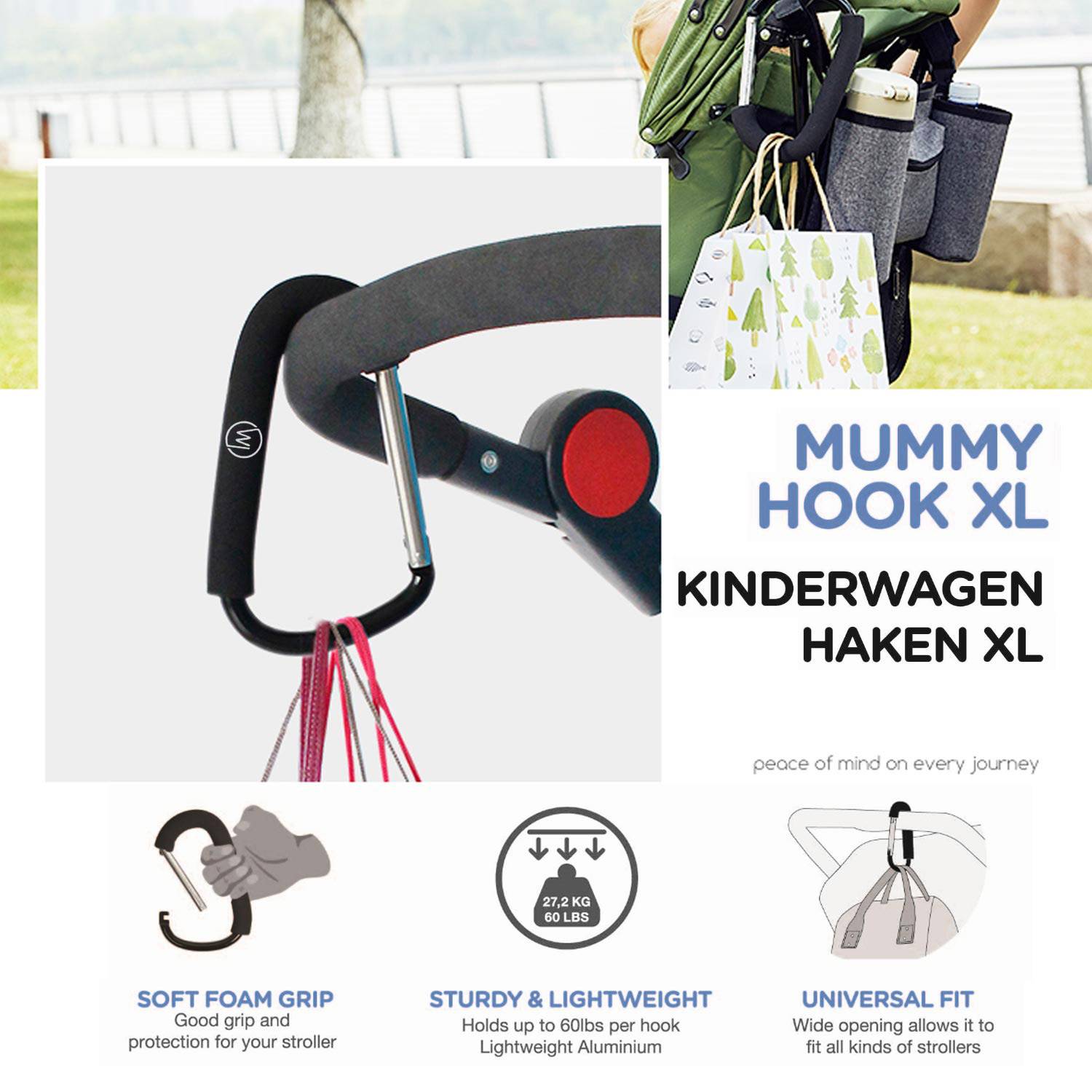 Wicked Chili Taschenkarabiner für Kinderwagen, XXL-Kinderwagenhaken, Universalhaken, Haken für Wickeltasche, Einkaufshaken für Buggy, Organizer -